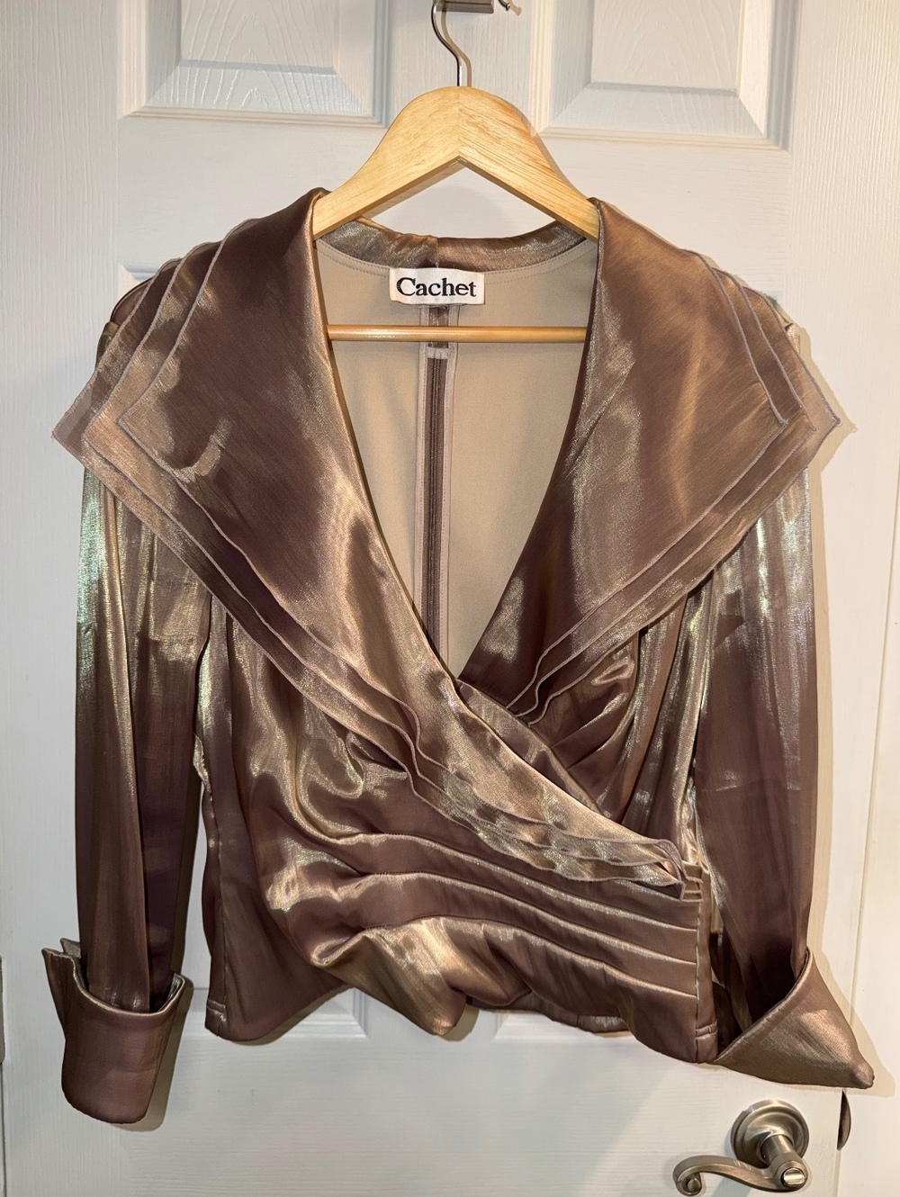 Cachet Metallic Bronze Gold Ruffle Collar Ruched Blouse Jacket Top